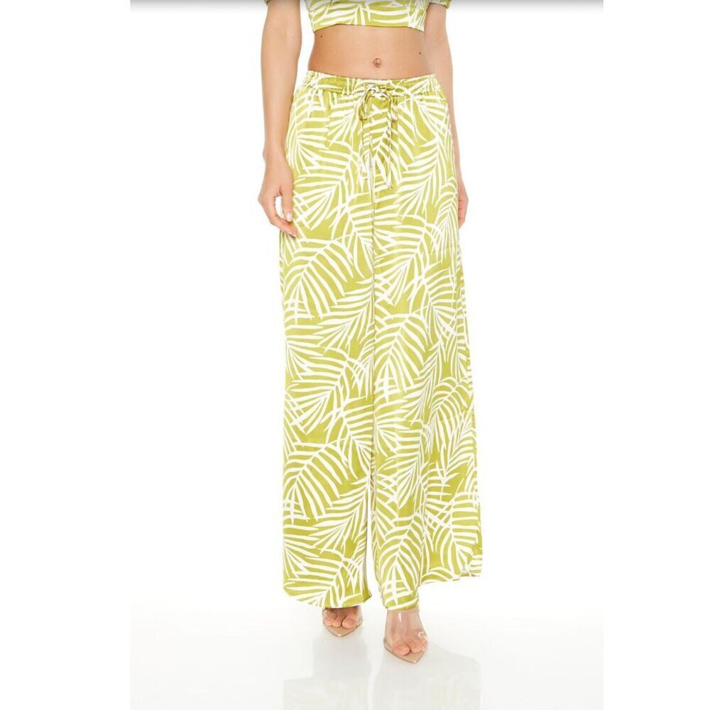 Forever 21 Satin Lime White Tropical Print Wide-Leg Pants Size XL